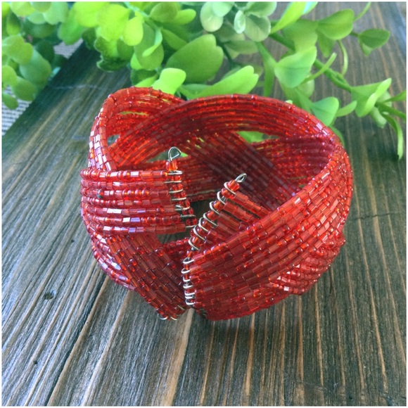 Twisted Flexible Seed Bead Braided Cuff Bracelet – Red - Picture 3 of 11